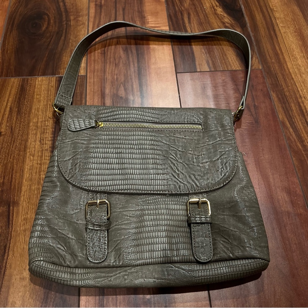 Chico’s Shoulder Bag Taupe Faux Leather Embossed Croc Satchel Purse Handbag